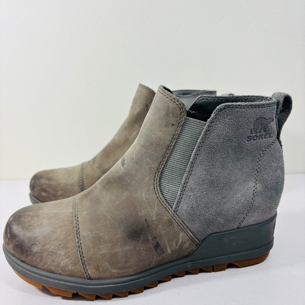 Sorel Evie 2 Chelsea Boots Women's Gray Leather Hidden Wedge Lug Ankle Booties 7
